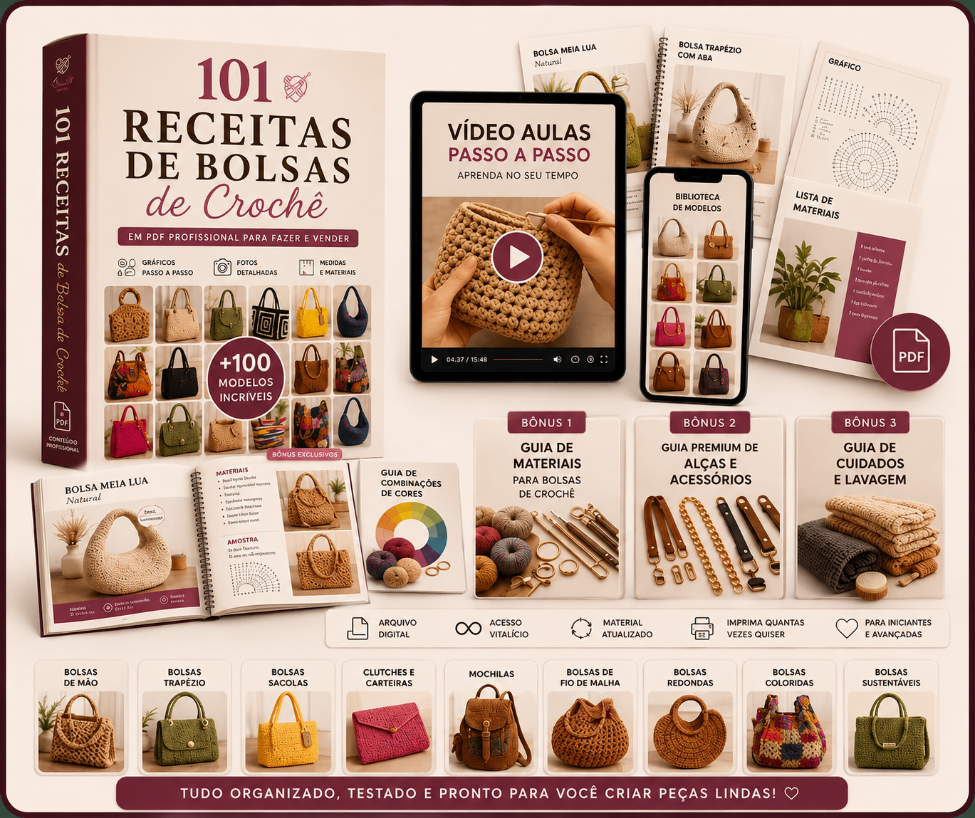 Mockup completo com PDFs, bônus, bolsas, tablet, celular e notebook