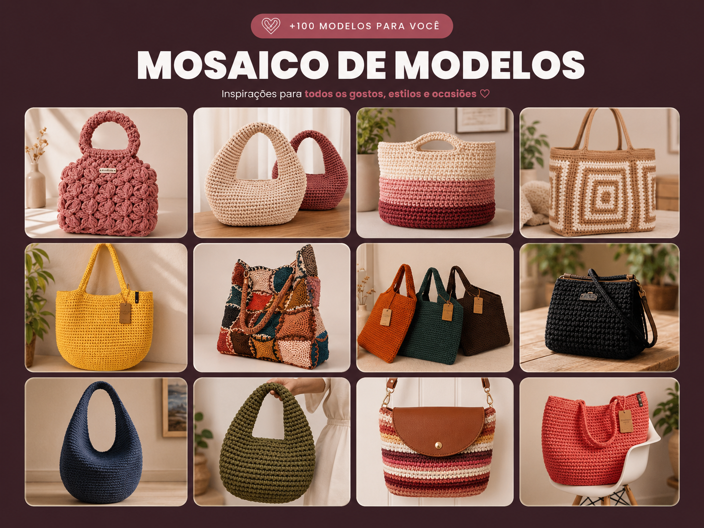 Mosaico com diversos modelos de bolsas de crochê